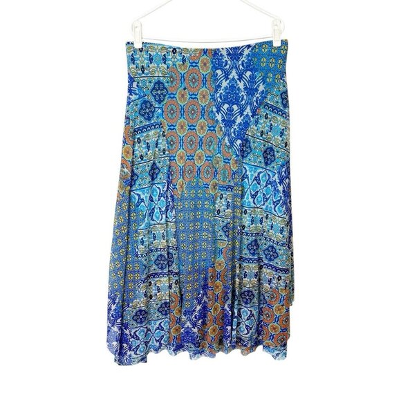 Chicos Midi Skirt Womens Size 2 US Large Blue Patchwork Print Bohemian - Picture 1 of 9